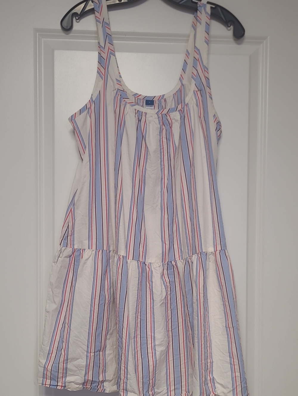 Striped Tiered Tank Dress for Womens - White with Blue & Red Stripes